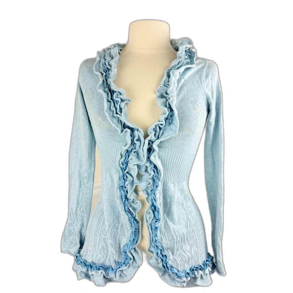 Anthropologie Guinevere Light Blue Ruffle Sweater Cardigan Sm
